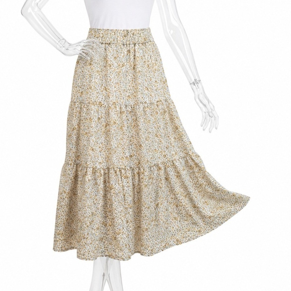 Dazy Women Yellow Floral Tiered Midi Skirt High Waist Lined SKUW763